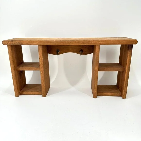 VTG Handmade Rustic Wooden Wall Shelf with 4 Cubbies and 2 Brass Key Hooks Brown - Picture 2 of 10